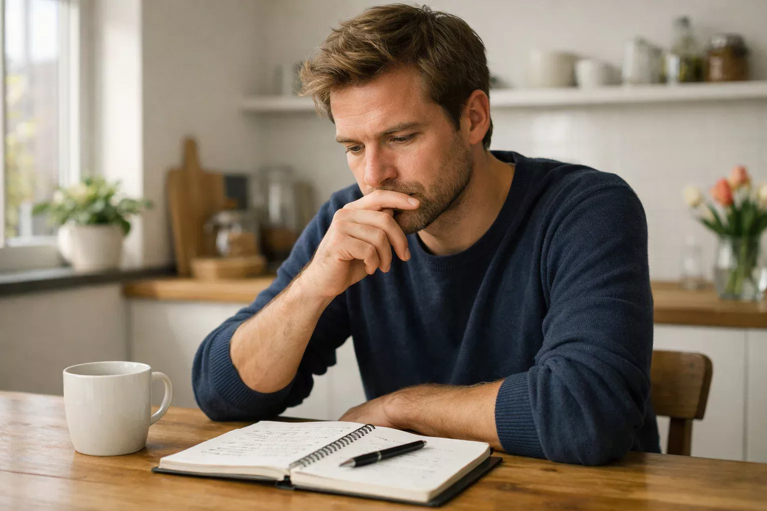 Persoon die nadenkt over zijn financiële planning