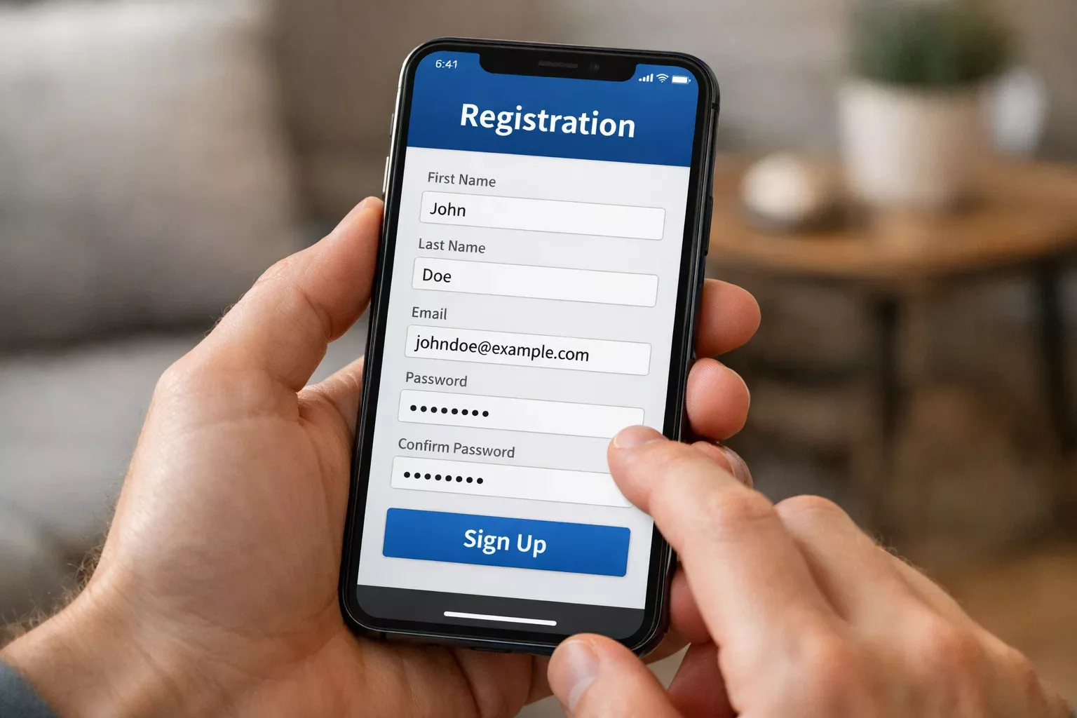 Smartphone met registratieformulier op het scherm