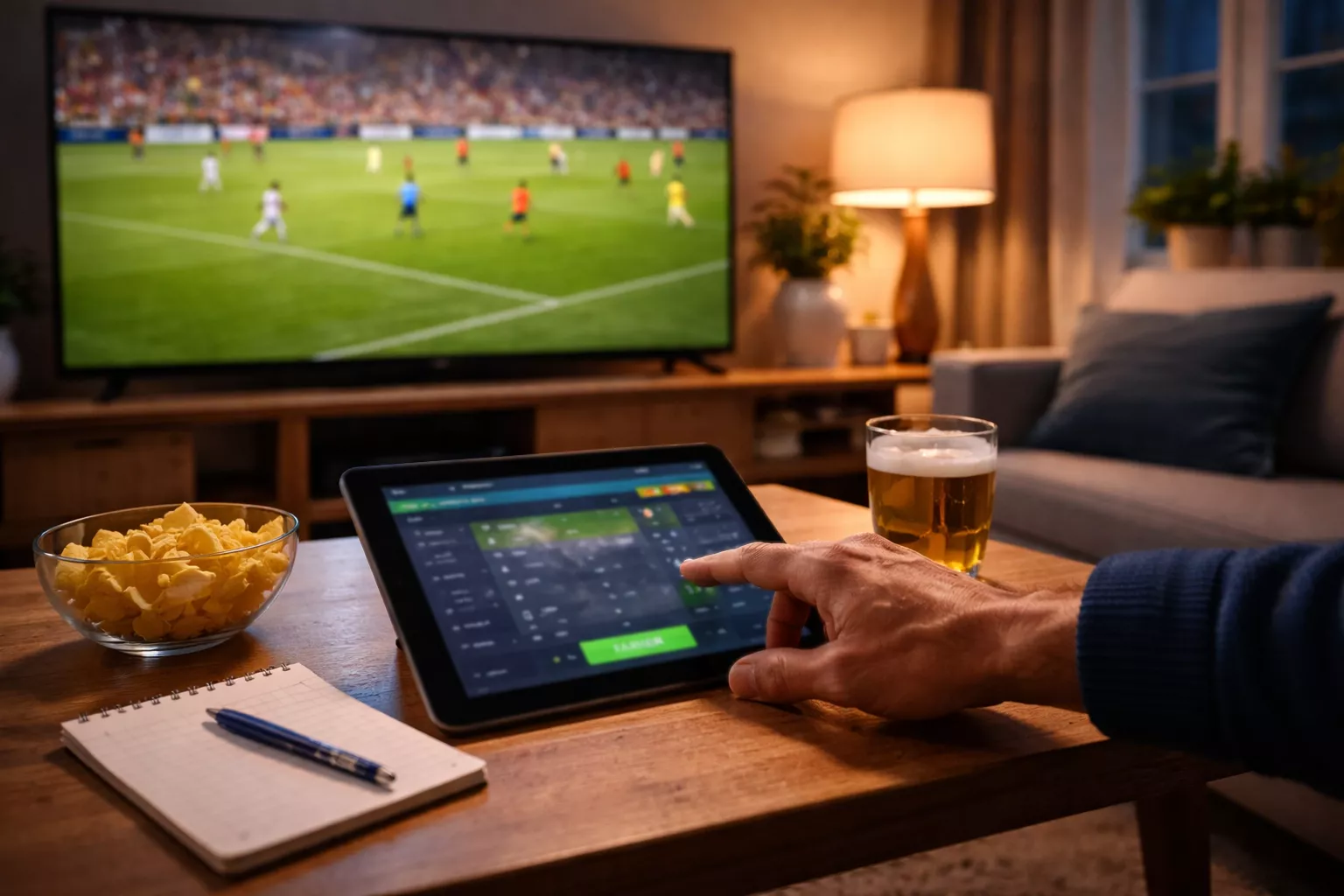 Voetbalwedstrijd op televisie met wedformulier op tafel