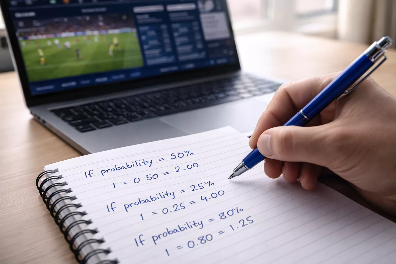 Persoon die met pen aantekeningen maakt naast laptop