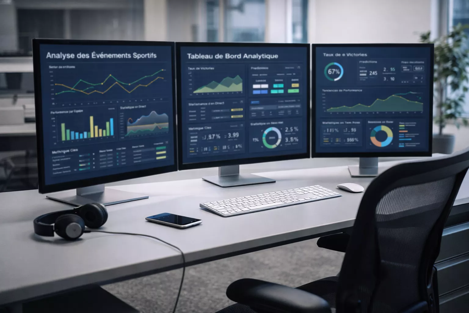 Kantoor met meerdere schermen en data-analyse
