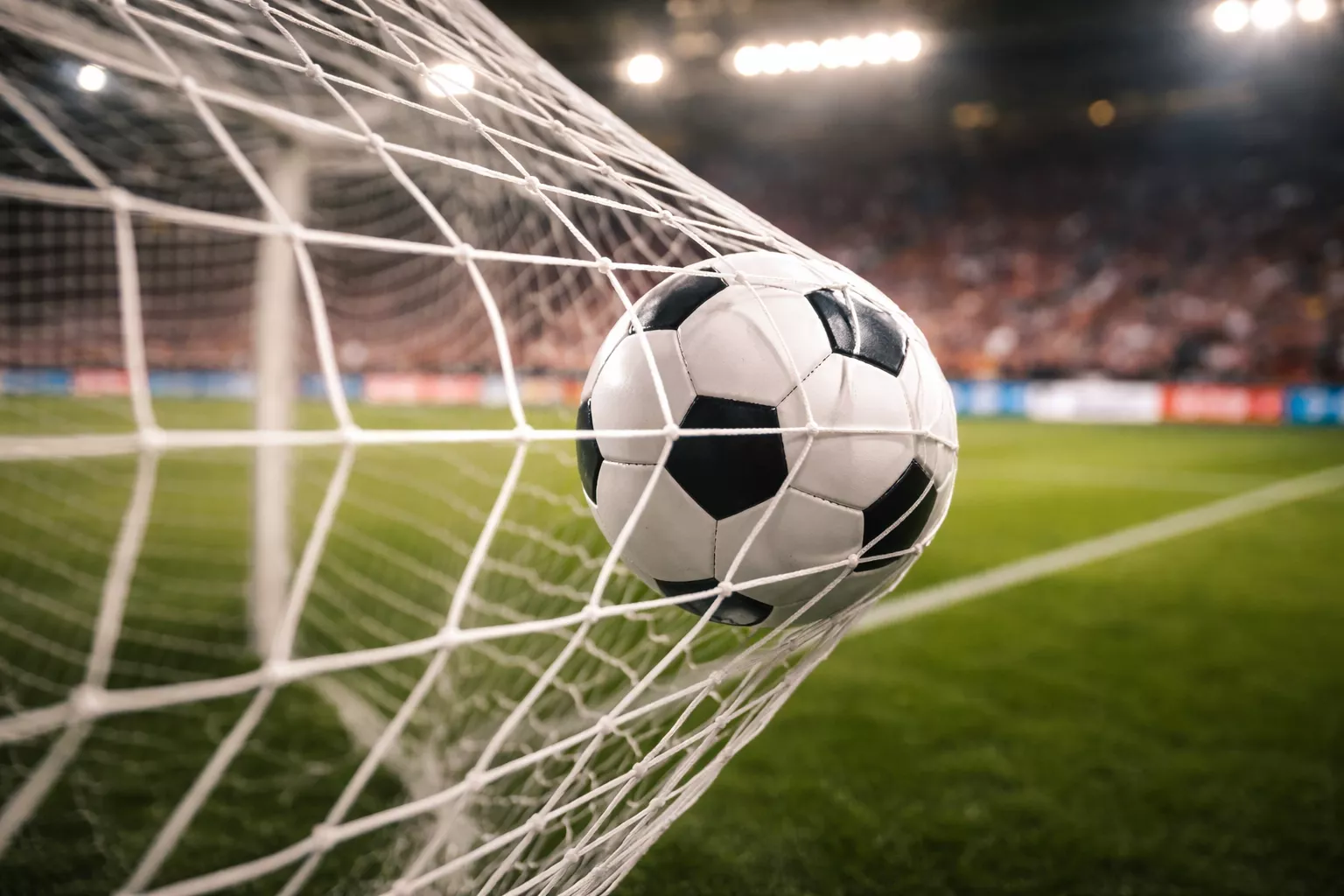 Voetballer die een doelpunt scoort in het net