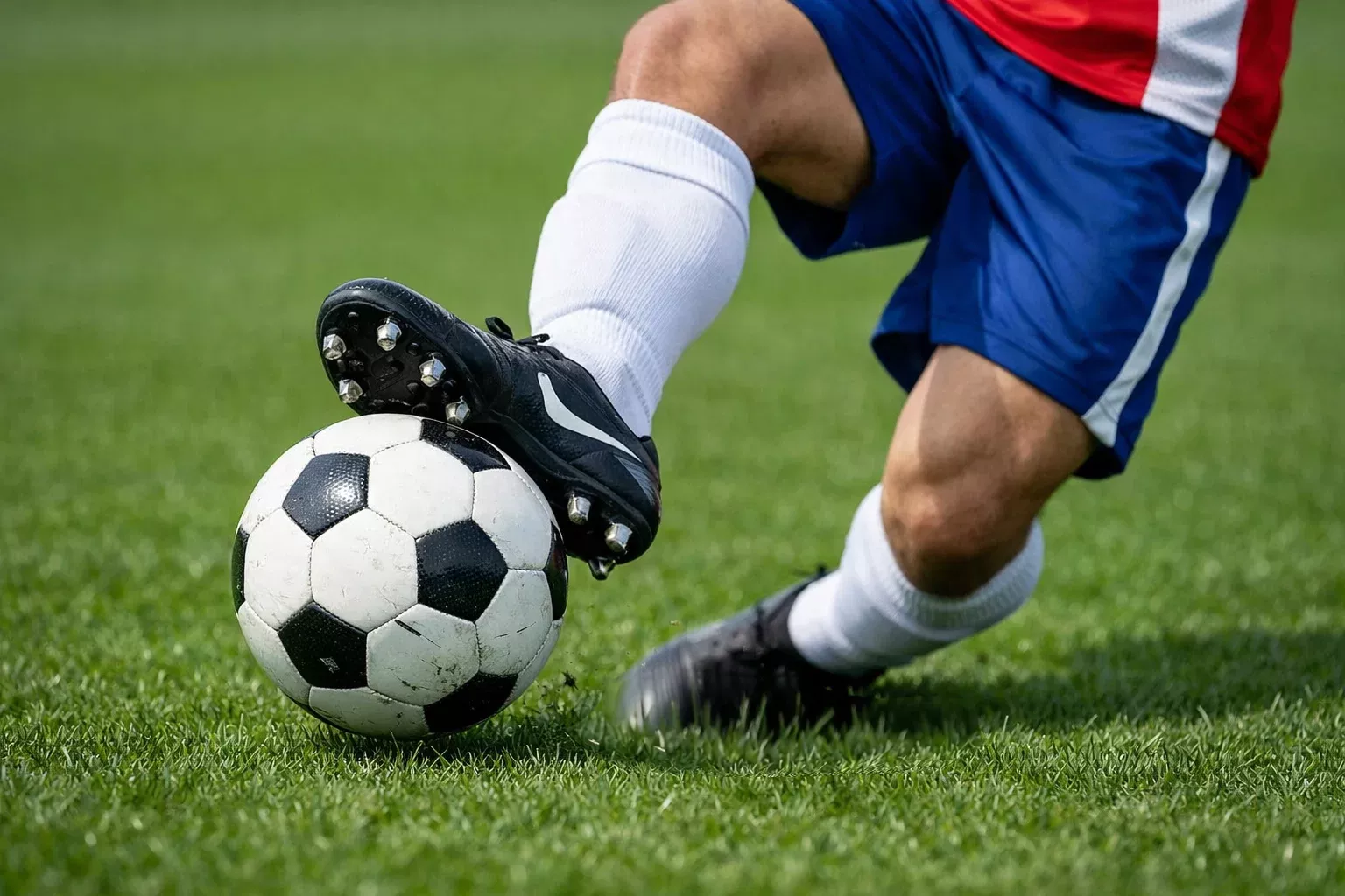 Voetbalspeler die de bal aanneemt op het veld
