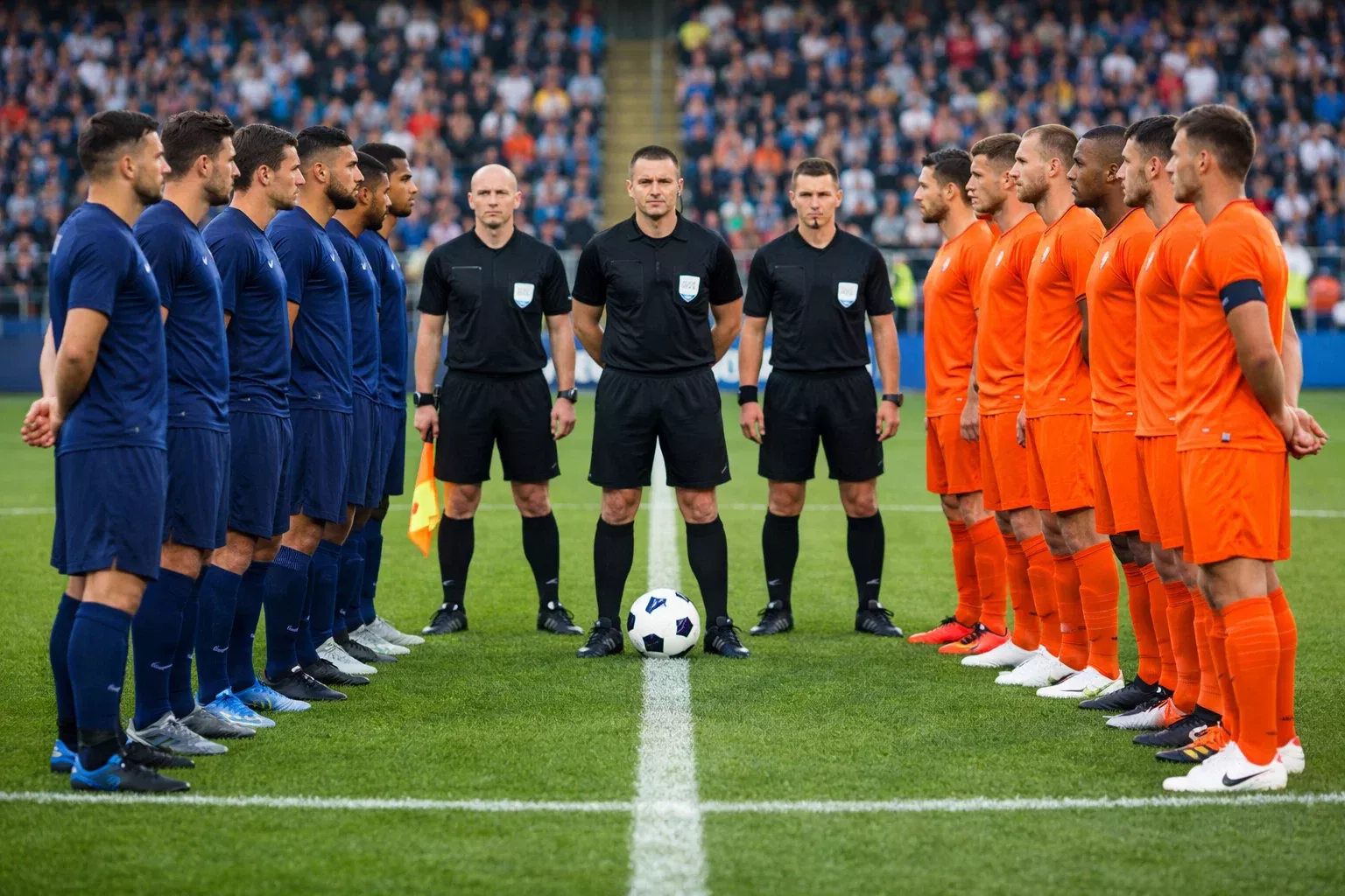 Twee voetbalteams in een duel om de bal