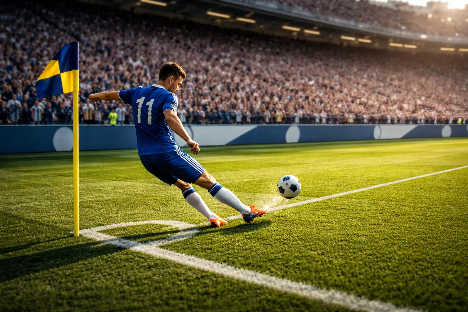 Voetballer die een hoekschop neemt