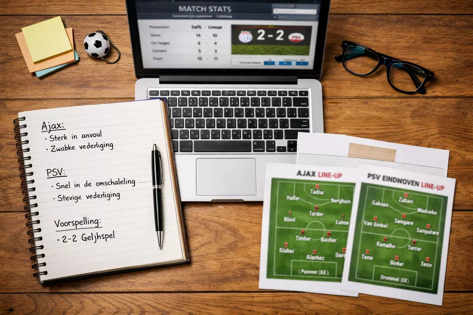 Bureau met voetbalstatistieken en aantekeningen