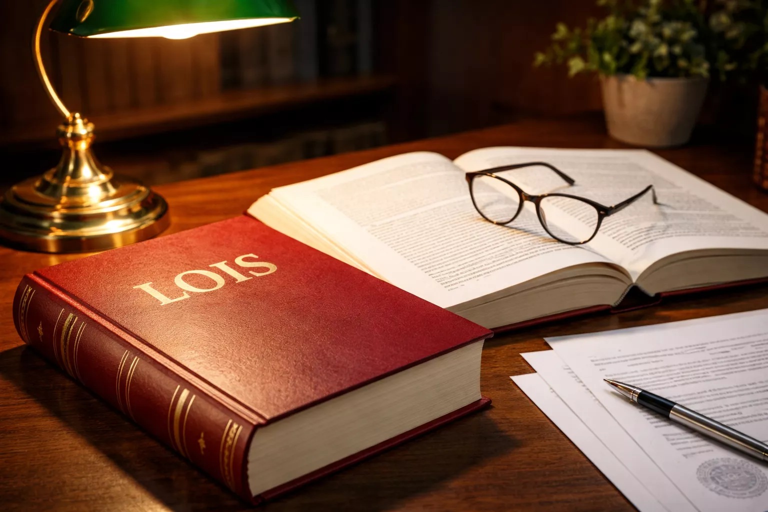 Wetboek en juridische documenten op bureau