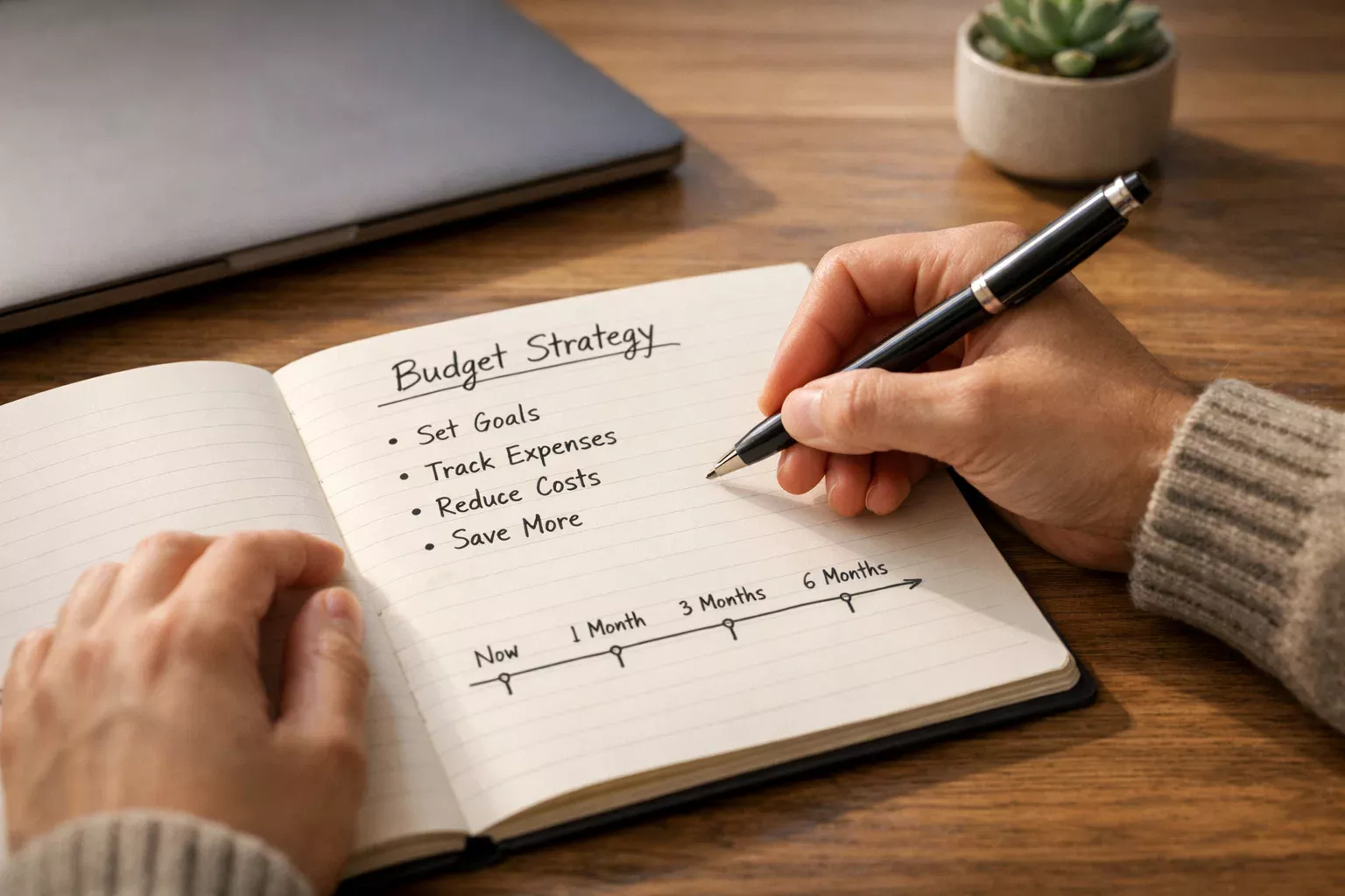 Persoon maakt notities in een notitieboek voor het plannen van een wedbudget strategie