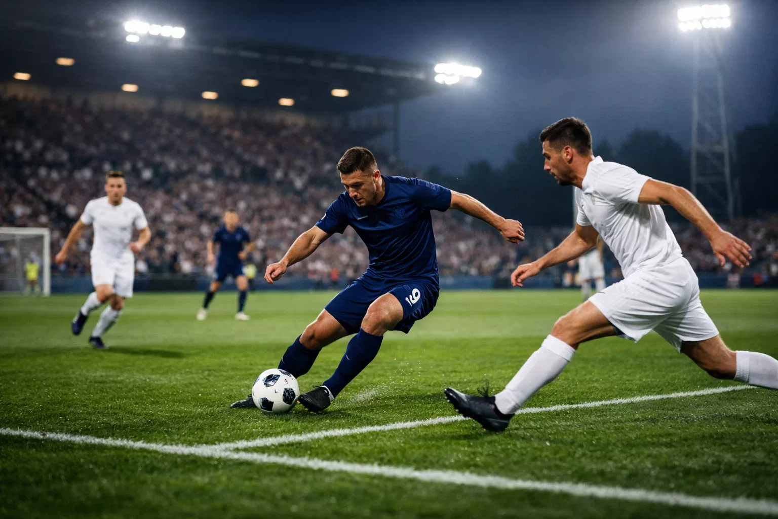 Spannende voetbalwedstrijd in actie met supporters die juichen tijdens een belangrijke aanval