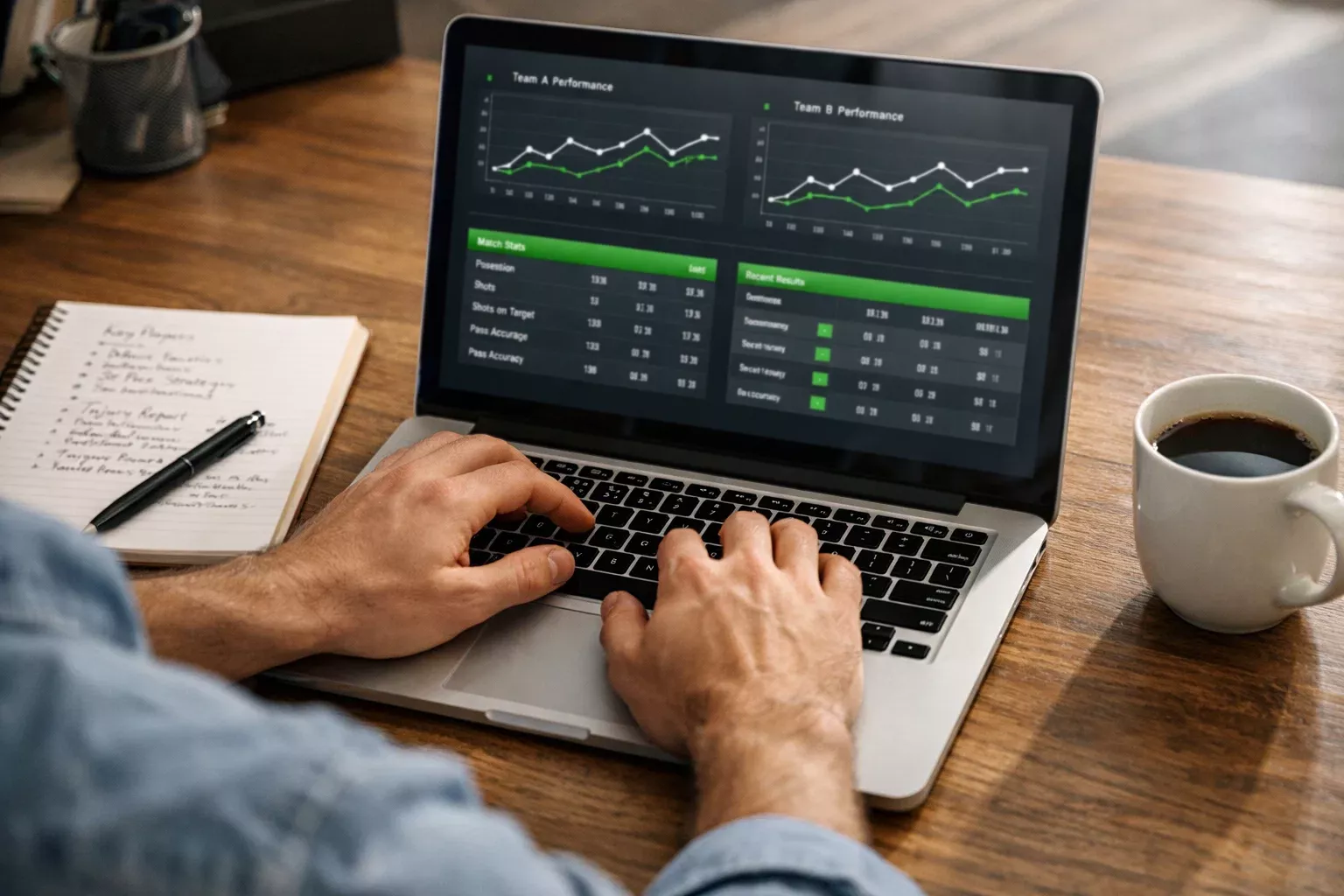 Analist bestudeert voetbalstatistieken en wedstrijdgegevens op een laptop voor odds berekening