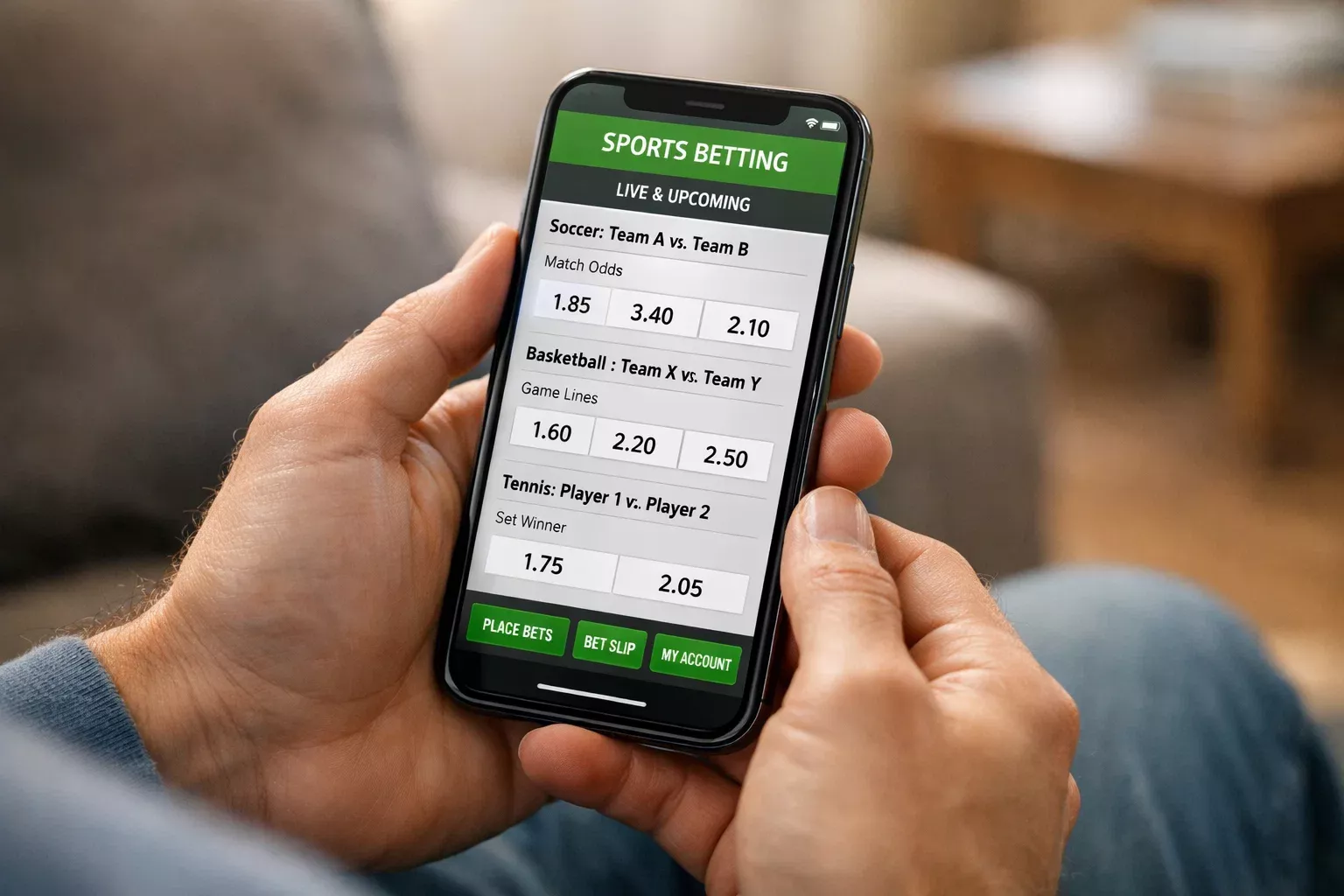 Persoon gebruikt smartphone app voor het plaatsen van een voetbalweddenschap met overzichtelijk interface