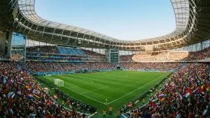 Groot internationaal voetbalstadion met vlaggen van verschillende landen